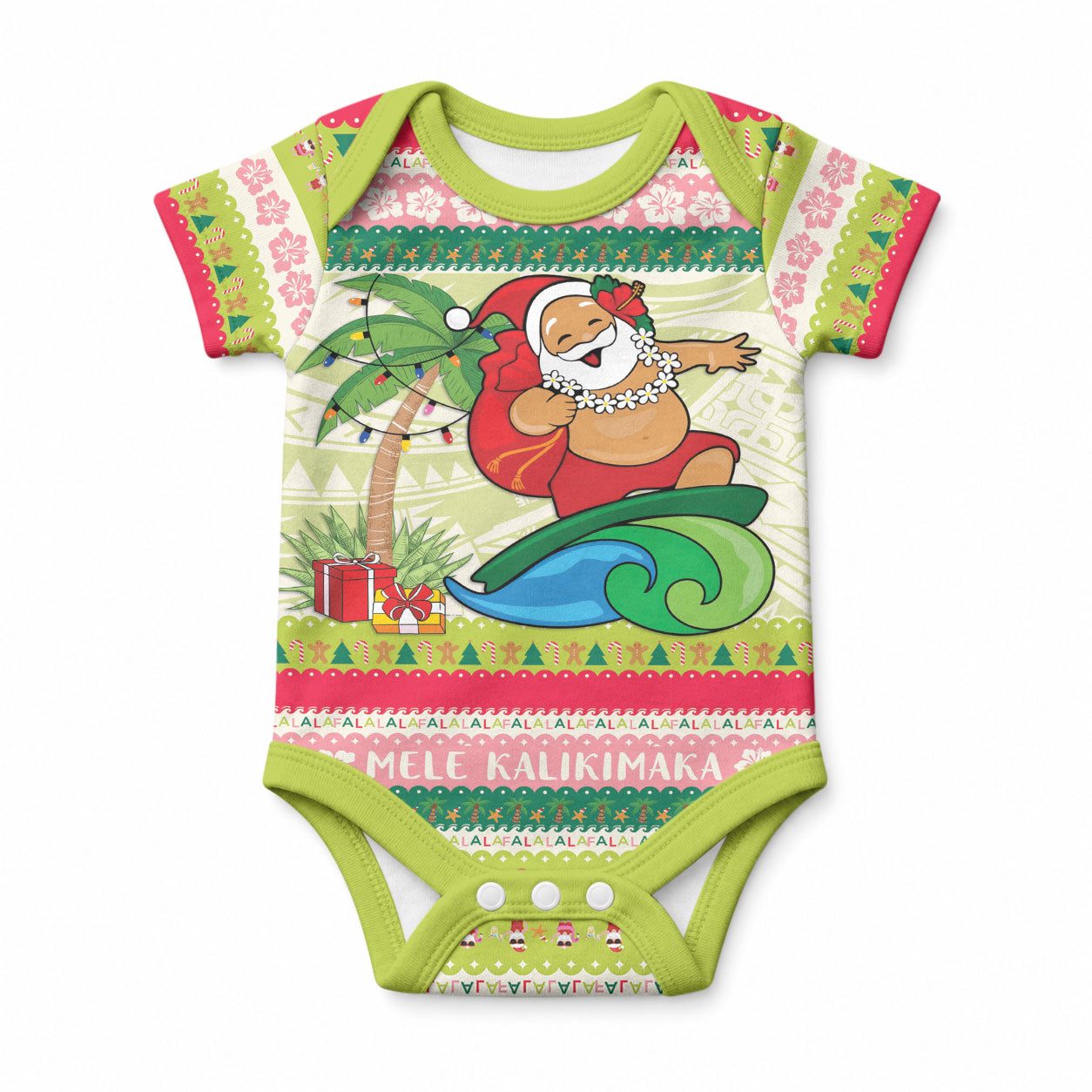 Mele Kalikimaka Hawaii Christmas Baby Onesie Surfing Santa with Polynesian Tribal LT9 Green - Polynesian Pride