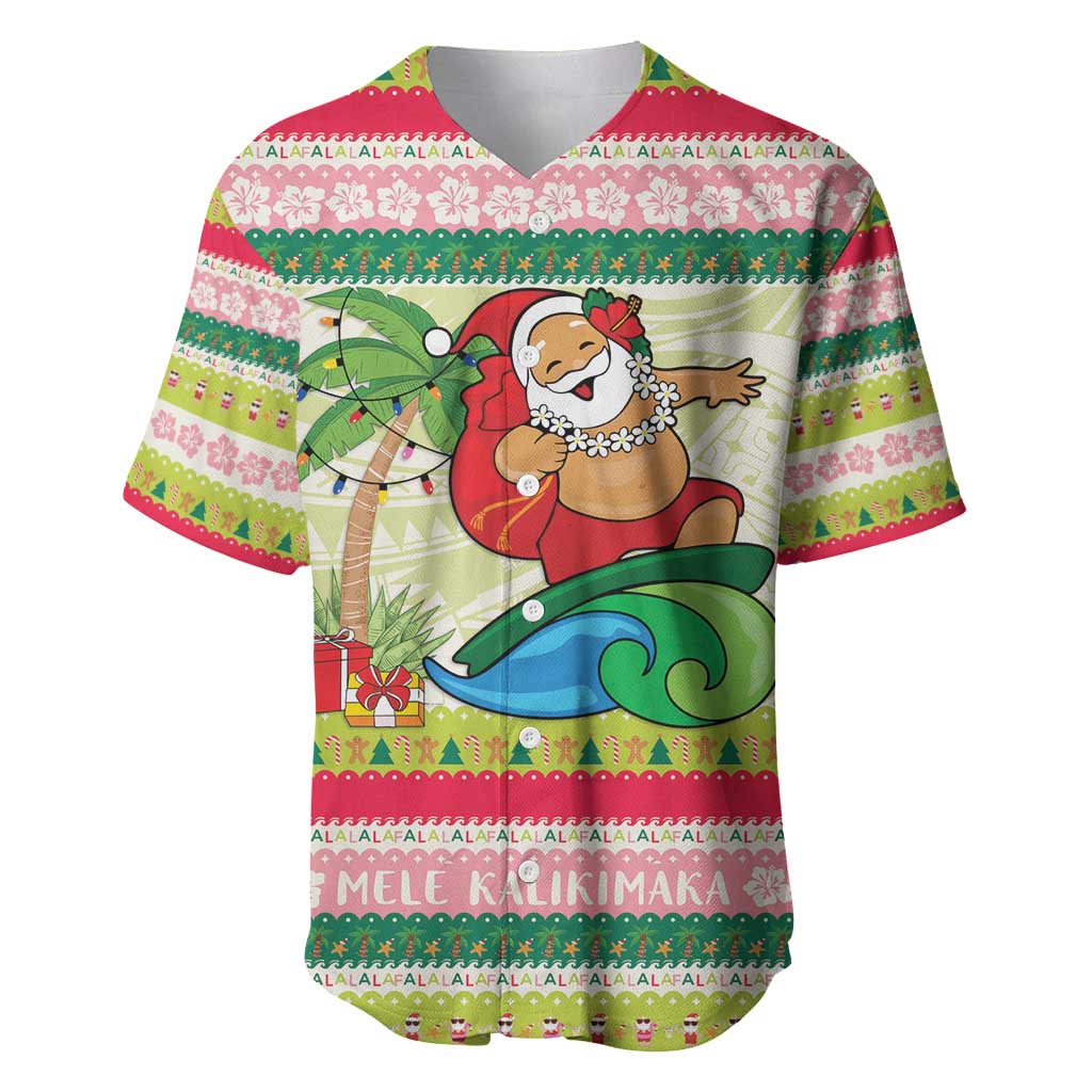 Mele Kalikimaka Hawaii Christmas Baseball Jersey Surfing Santa with Polynesian Tribal