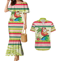 Mele Kalikimaka Hawaii Christmas Couples Matching Mermaid Dress and Hawaiian Shirt Surfing Santa with Polynesian Tribal LT9 Green - Polynesian Pride
