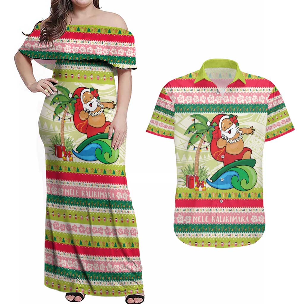 Mele Kalikimaka Hawaii Christmas Couples Matching Off Shoulder Maxi Dress and Hawaiian Shirt Surfing Santa with Polynesian Tribal