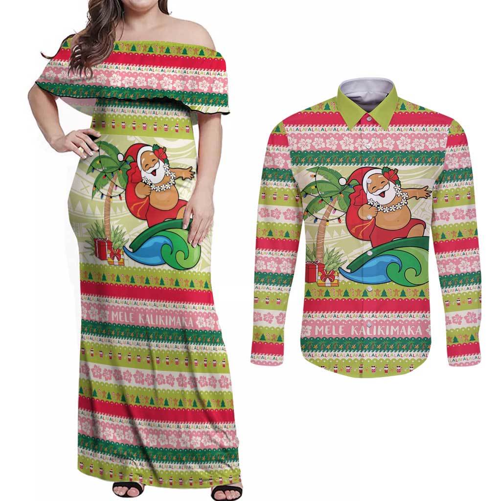 Mele Kalikimaka Hawaii Christmas Couples Matching Off Shoulder Maxi Dress and Long Sleeve Button Shirt Surfing Santa with Polynesian Tribal LT9 Green - Polynesian Pride