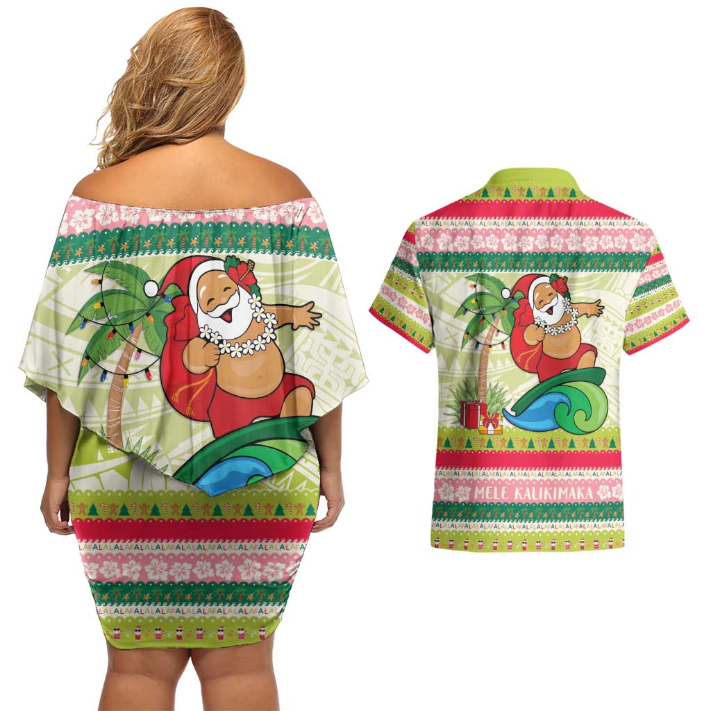 Mele Kalikimaka Hawaii Christmas Couples Matching Off Shoulder Short Dress and Hawaiian Shirt Surfing Santa with Polynesian Tribal LT9 - Polynesian Pride