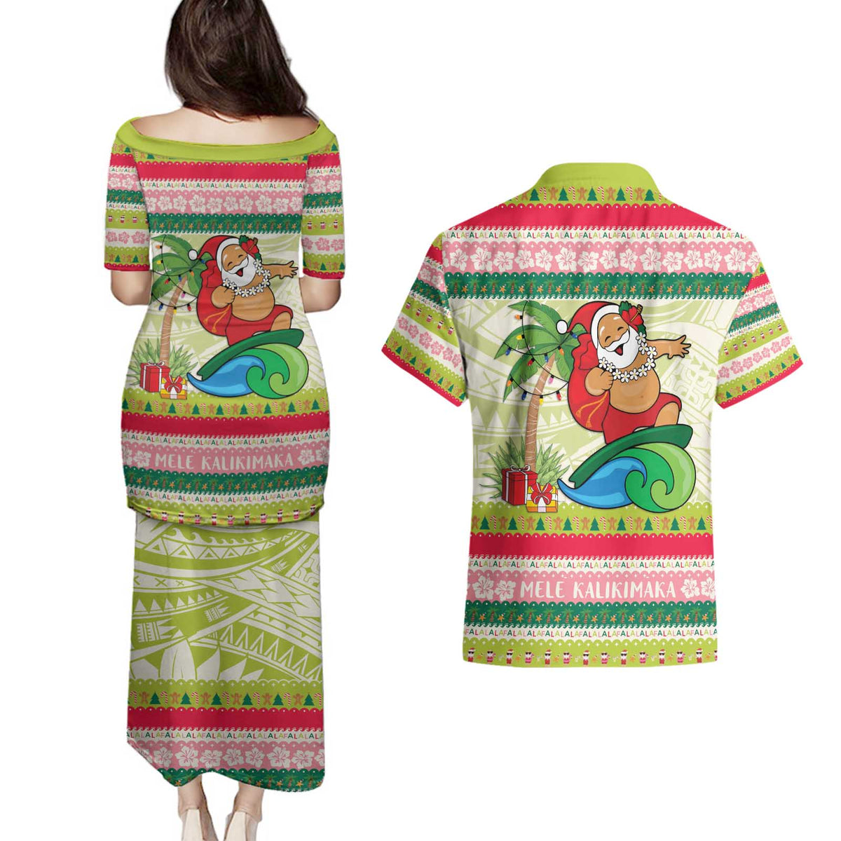 Mele Kalikimaka Hawaii Christmas Couples Matching Puletasi and Hawaiian Shirt Surfing Santa with Polynesian Tribal LT9 - Polynesian Pride