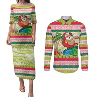 Mele Kalikimaka Hawaii Christmas Couples Matching Puletasi and Long Sleeve Button Shirt Surfing Santa with Polynesian Tribal