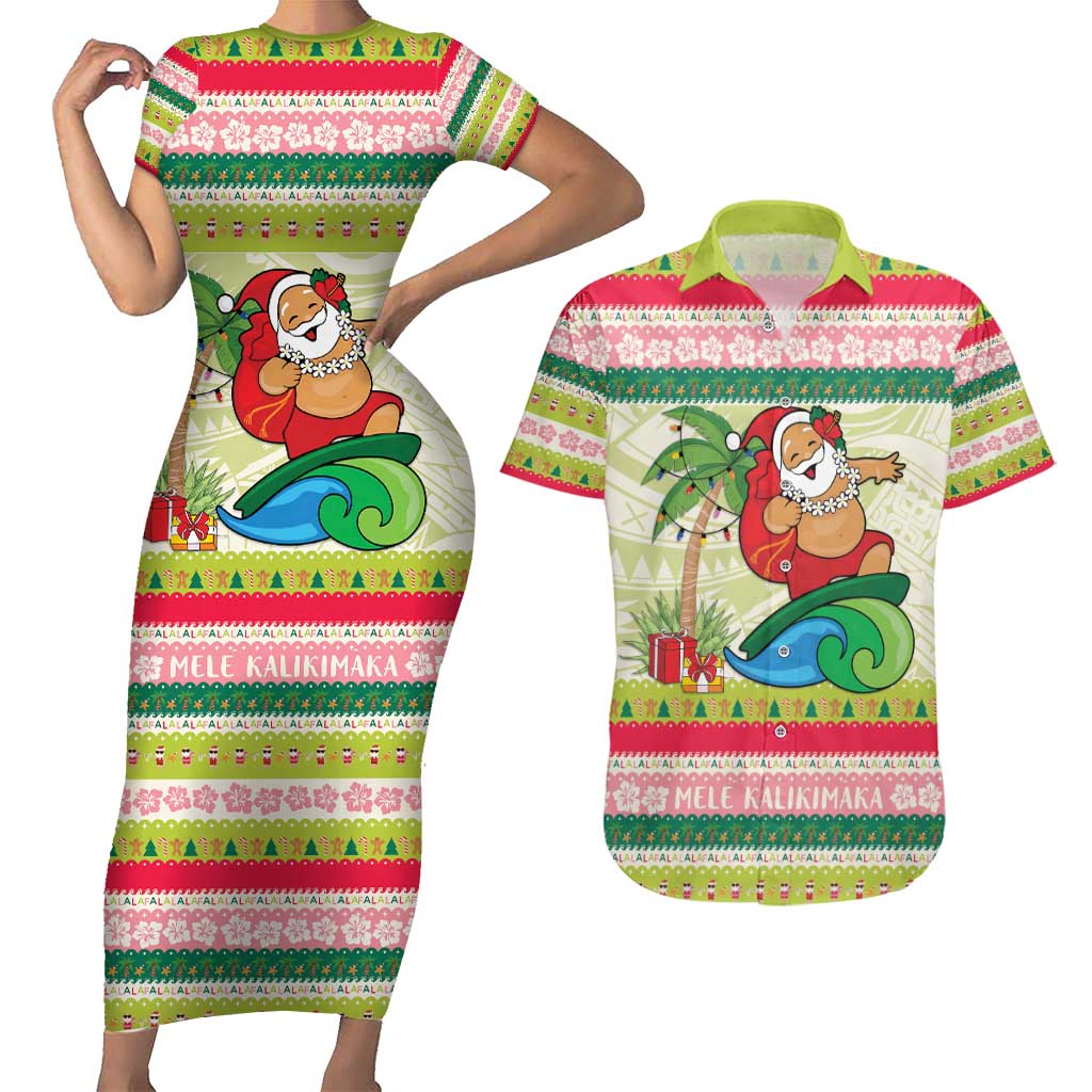 Mele Kalikimaka Hawaii Christmas Couples Matching Short Sleeve Bodycon Dress and Hawaiian Shirt Surfing Santa with Polynesian Tribal