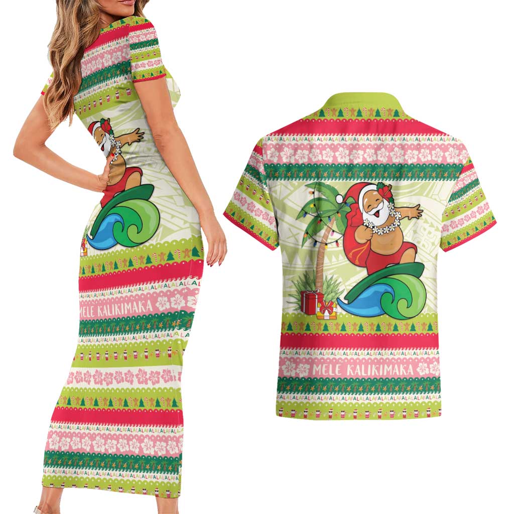 Mele Kalikimaka Hawaii Christmas Couples Matching Short Sleeve Bodycon Dress and Hawaiian Shirt Surfing Santa with Polynesian Tribal