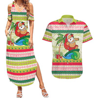 Mele Kalikimaka Hawaii Christmas Couples Matching Summer Maxi Dress and Hawaiian Shirt Surfing Santa with Polynesian Tribal LT9 Green - Polynesian Pride
