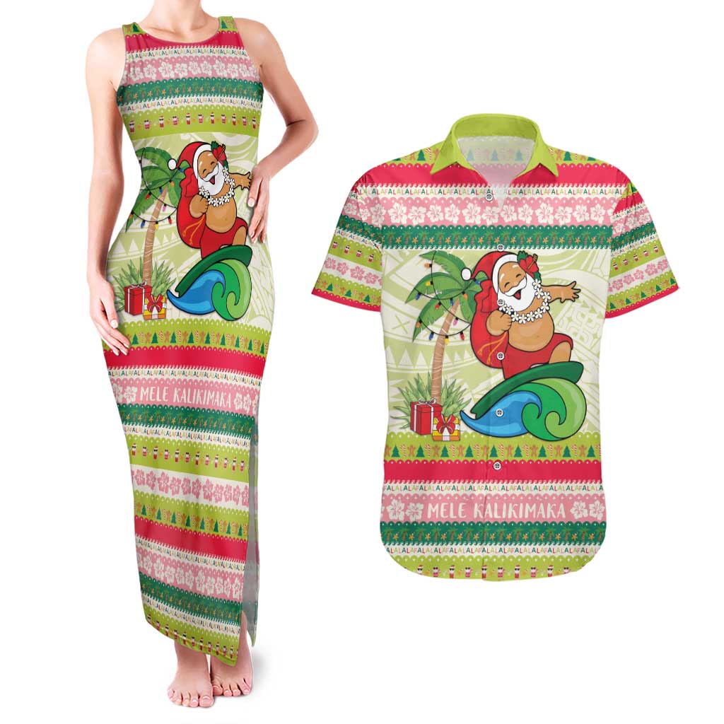 Mele Kalikimaka Hawaii Christmas Couples Matching Tank Maxi Dress and Hawaiian Shirt Surfing Santa with Polynesian Tribal LT9 Green - Polynesian Pride