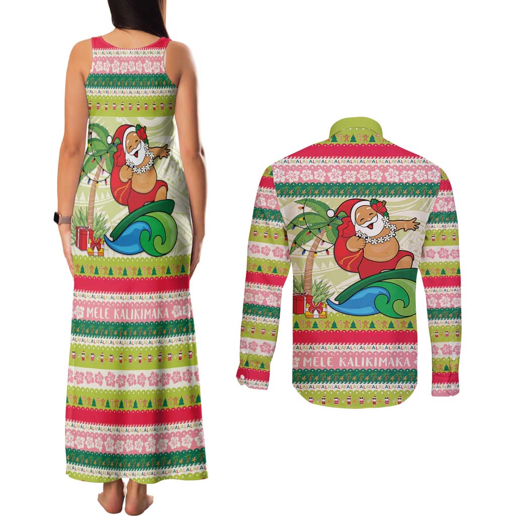 Mele Kalikimaka Hawaii Christmas Couples Matching Tank Maxi Dress and Long Sleeve Button Shirt Surfing Santa with Polynesian Tribal