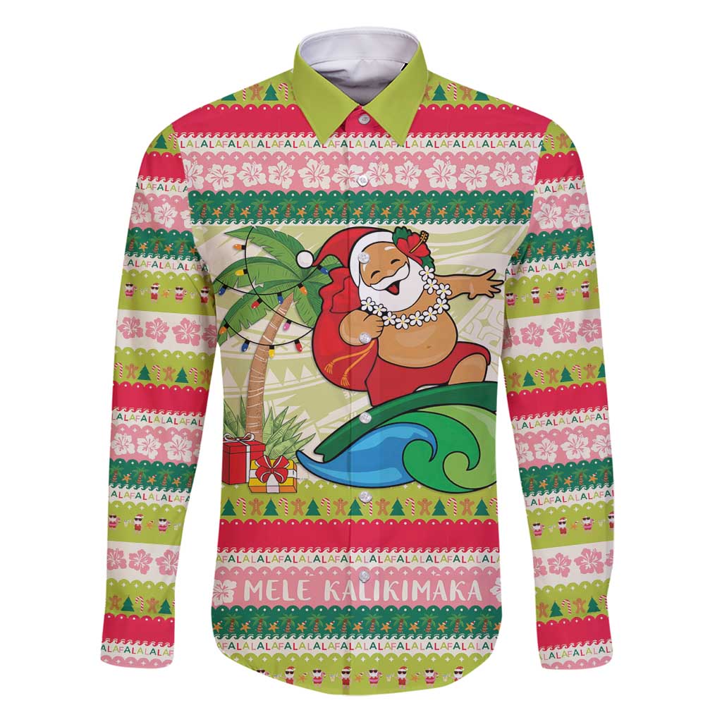 Mele Kalikimaka Hawaii Christmas Family Matching Long Sleeve Bodycon Dress and Hawaiian Shirt Surfing Santa with Polynesian Tribal LT9 Dad's Shirt - Long Sleeve Green - Polynesian Pride