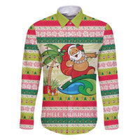 Mele Kalikimaka Hawaii Christmas Family Matching Long Sleeve Bodycon Dress and Hawaiian Shirt Surfing Santa with Polynesian Tribal LT9 Dad's Shirt - Long Sleeve Green - Polynesian Pride