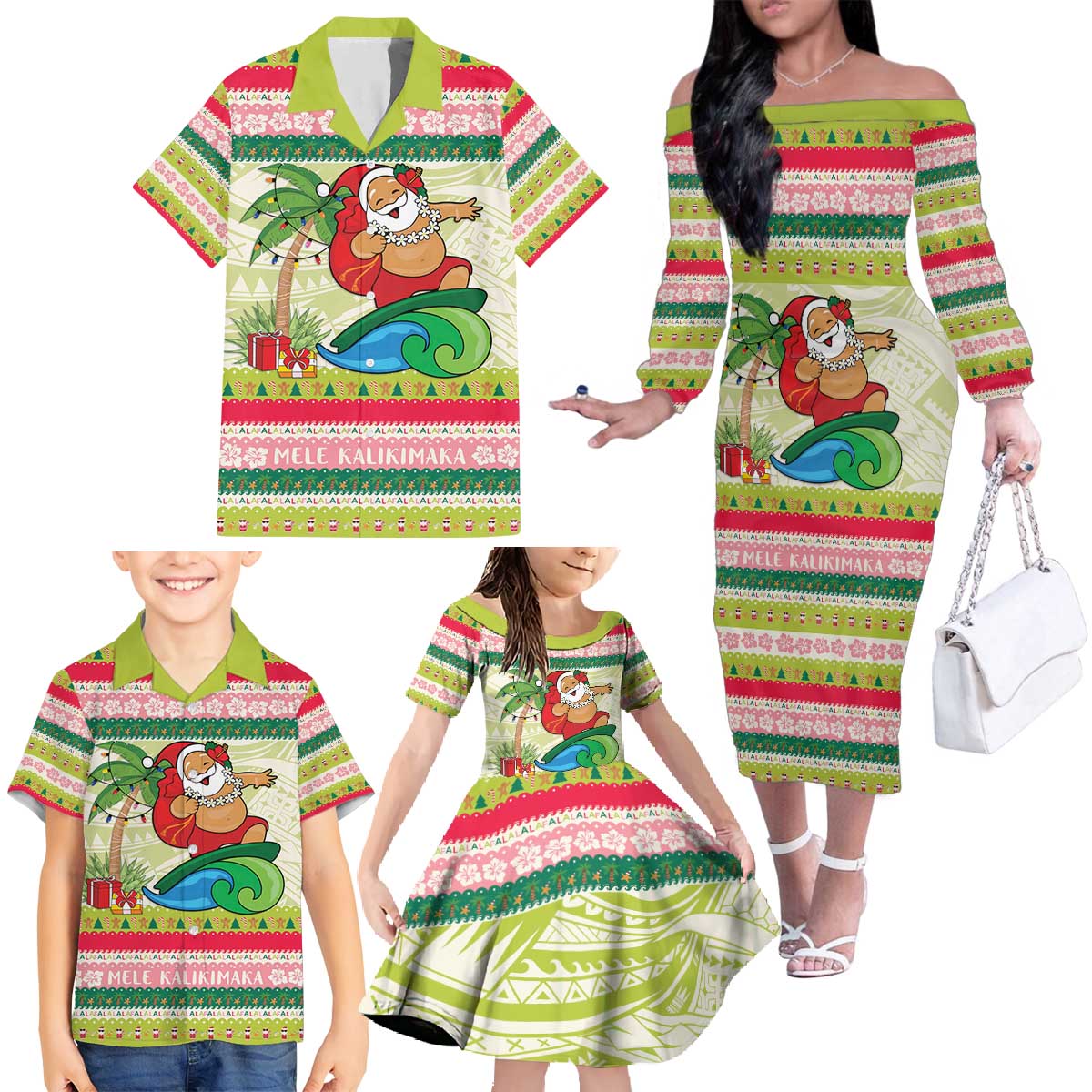 Mele Kalikimaka Hawaii Christmas Family Matching Off The Shoulder Long Sleeve Dress and Hawaiian Shirt Surfing Santa with Polynesian Tribal