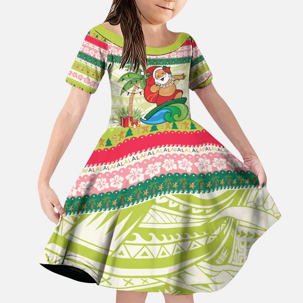 Mele Kalikimaka Hawaii Christmas Family Matching Puletasi and Hawaiian Shirt Surfing Santa with Polynesian Tribal LT9 Daughter's Dress Green - Polynesian Pride