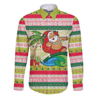 Mele Kalikimaka Hawaii Christmas Family Matching Puletasi and Hawaiian Shirt Surfing Santa with Polynesian Tribal LT9 Dad's Shirt - Long Sleeve Green - Polynesian Pride