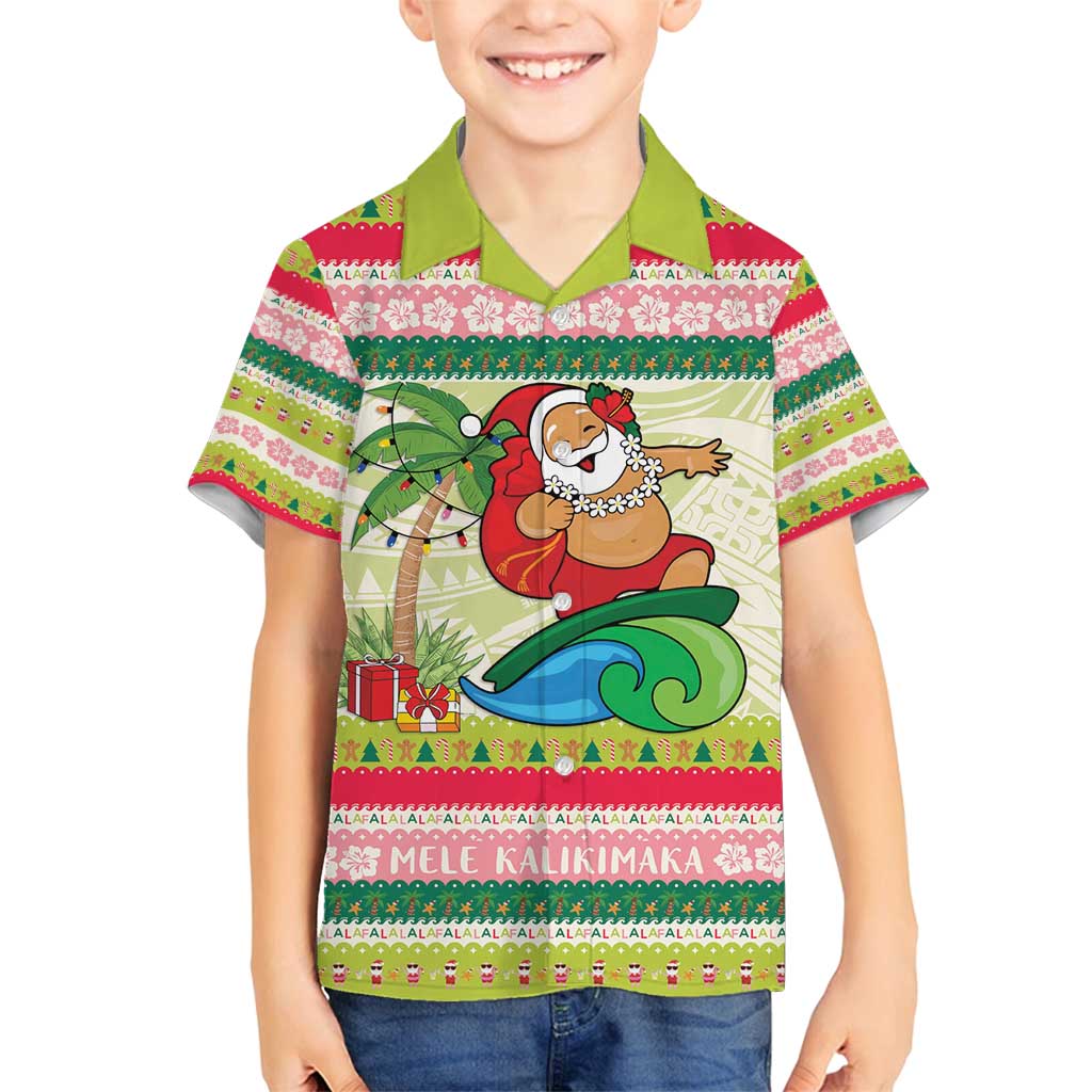 Mele Kalikimaka Hawaii Christmas Family Matching Puletasi and Hawaiian Shirt Surfing Santa with Polynesian Tribal LT9 Son's Shirt Green - Polynesian Pride