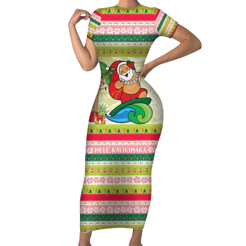 Mele Kalikimaka Hawaii Christmas Family Matching Short Sleeve Bodycon Dress and Hawaiian Shirt Surfing Santa with Polynesian Tribal