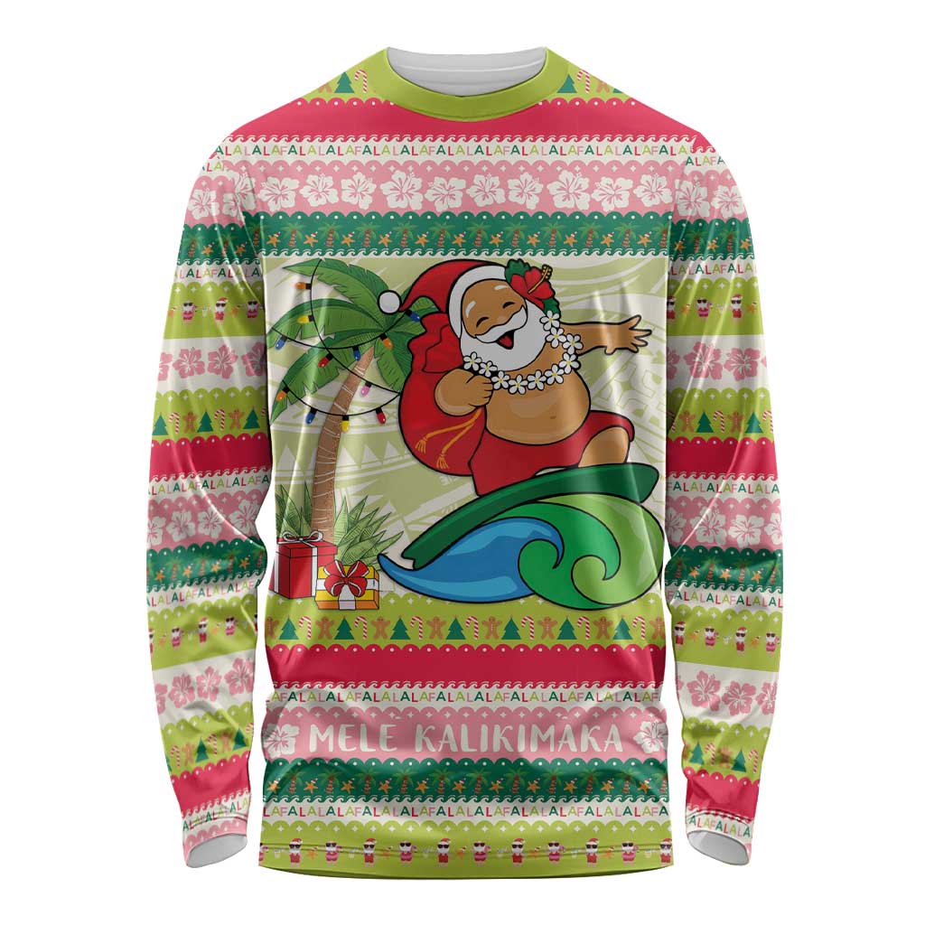 Mele Kalikimaka Hawaii Christmas Long Sleeve Shirt Surfing Santa with Polynesian Tribal