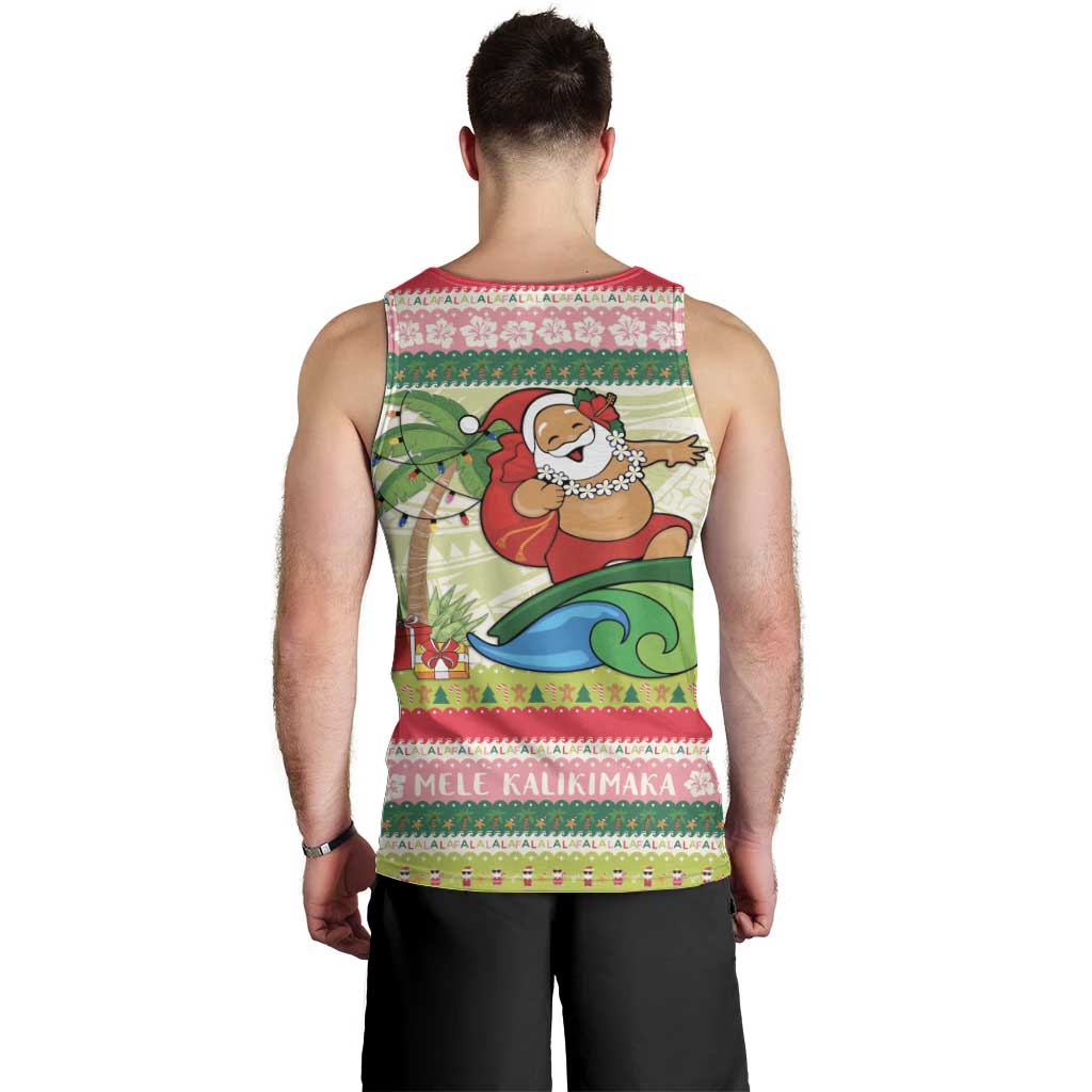 Mele Kalikimaka Hawaii Christmas Men Tank Top Surfing Santa with Polynesian Tribal