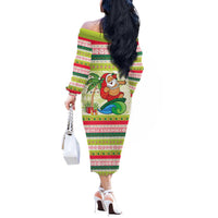 Mele Kalikimaka Hawaii Christmas Off The Shoulder Long Sleeve Dress Surfing Santa with Polynesian Tribal