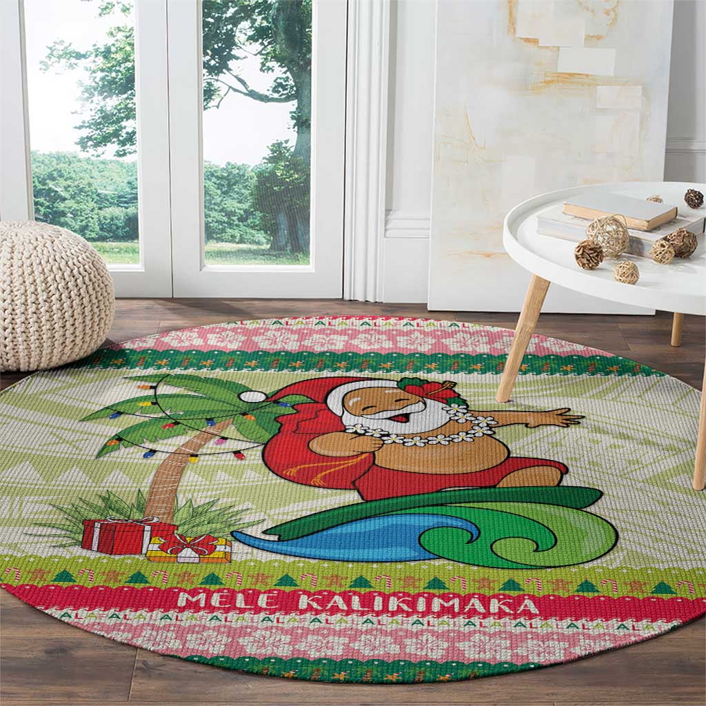 Mele Kalikimaka Hawaii Christmas Round Carpet Surfing Santa with Polynesian Tribal
