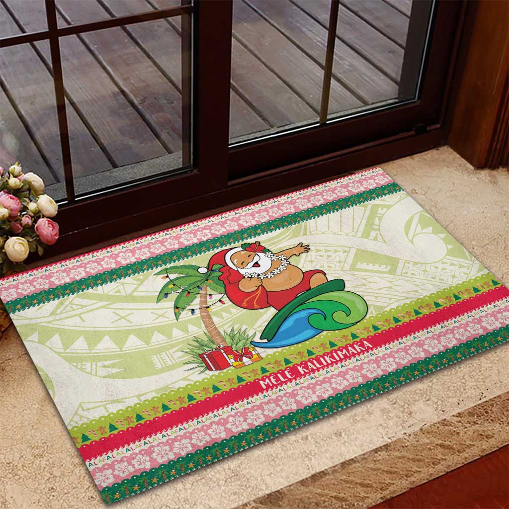 Mele Kalikimaka Hawaii Christmas Rubber Doormat Surfing Santa with Polynesian Tribal