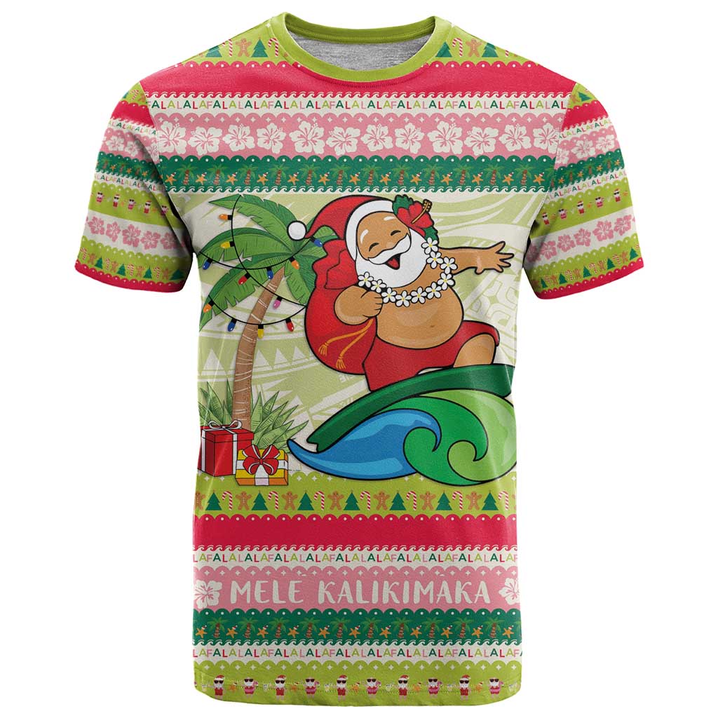 Mele Kalikimaka Hawaii Christmas T Shirt Surfing Santa with Polynesian Tribal