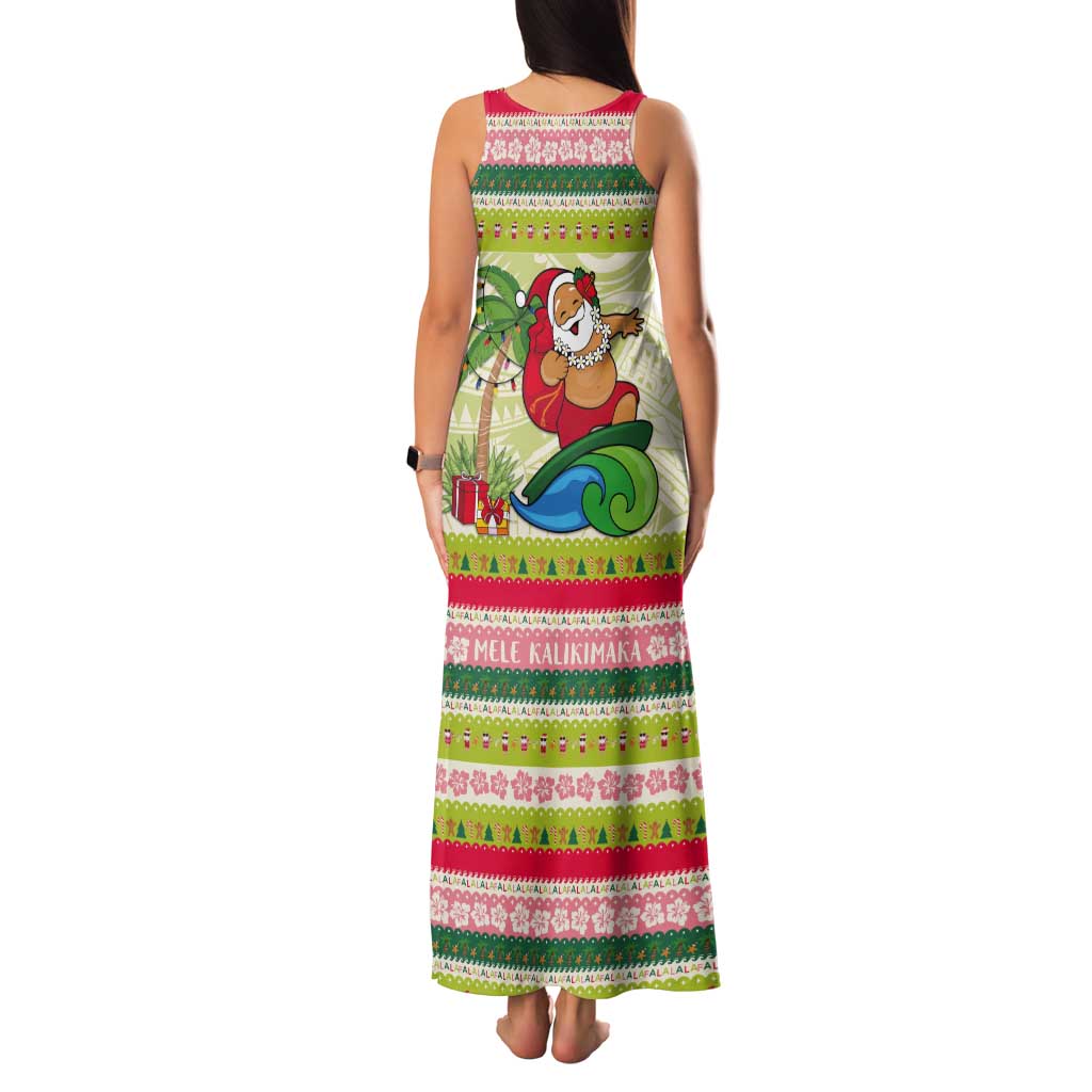 Mele Kalikimaka Hawaii Christmas Tank Maxi Dress Surfing Santa with Polynesian Tribal