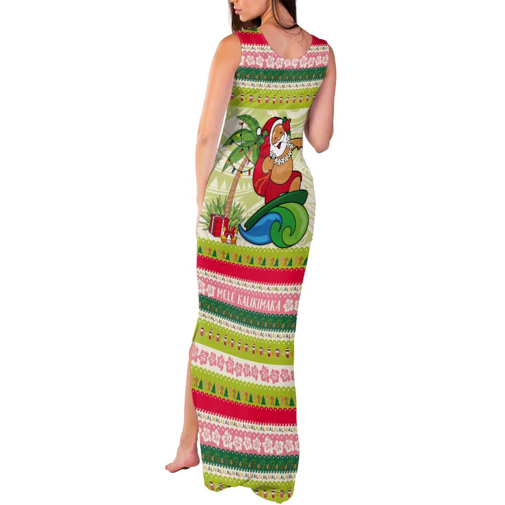 Mele Kalikimaka Hawaii Christmas Tank Maxi Dress Surfing Santa with Polynesian Tribal