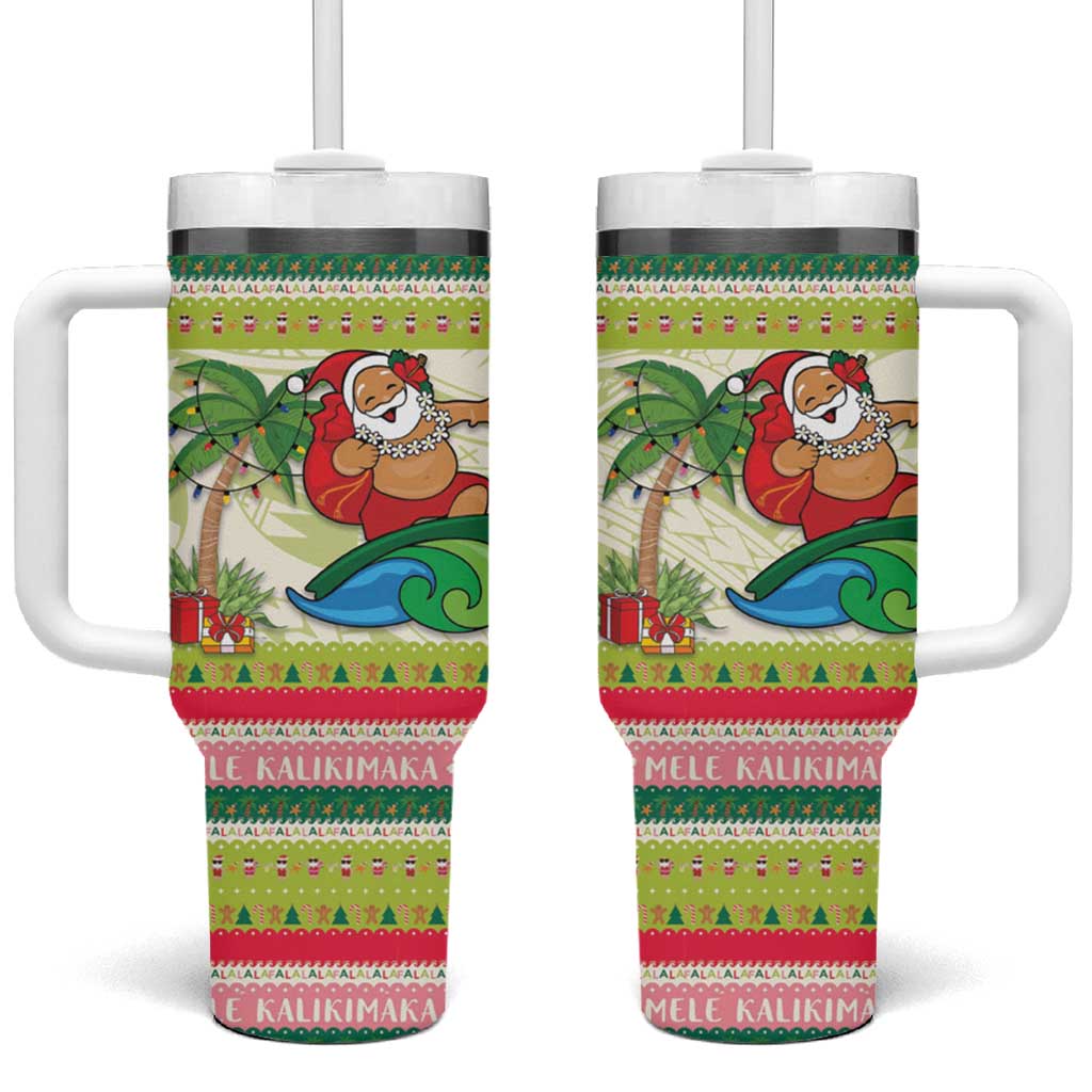 Mele Kalikimaka Hawaii Christmas Tumbler With Handle Surfing Santa with Polynesian Tribal