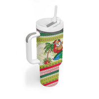 Mele Kalikimaka Hawaii Christmas Tumbler With Handle Surfing Santa with Polynesian Tribal