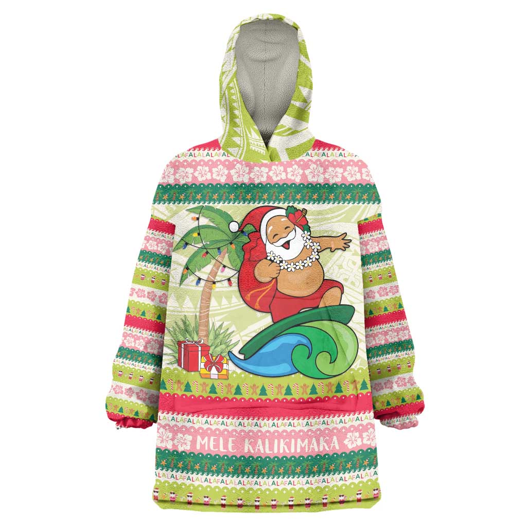 Mele Kalikimaka Hawaii Christmas Wearable Blanket Hoodie Surfing Santa with Polynesian Tribal