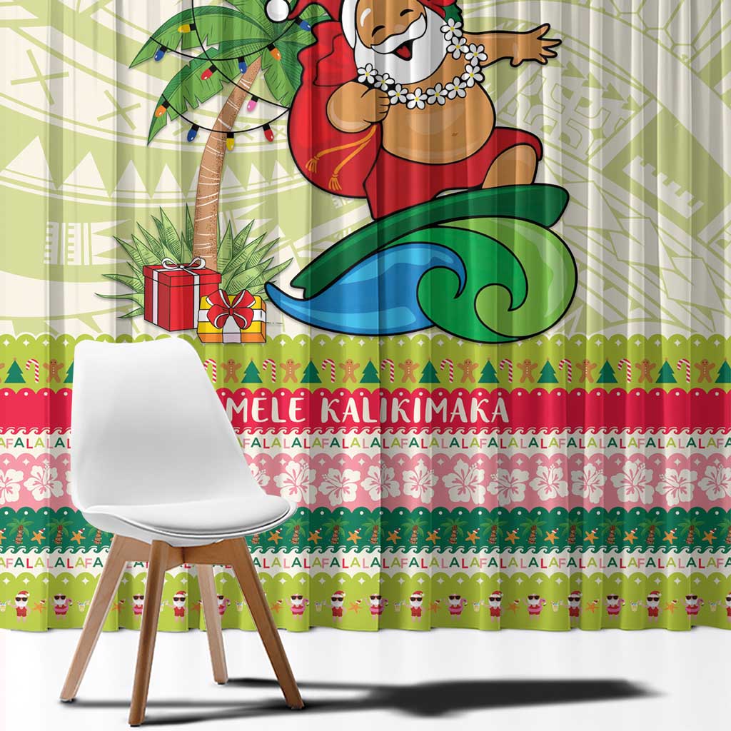Mele Kalikimaka Hawaii Christmas Window Curtain Surfing Santa with Polynesian Tribal