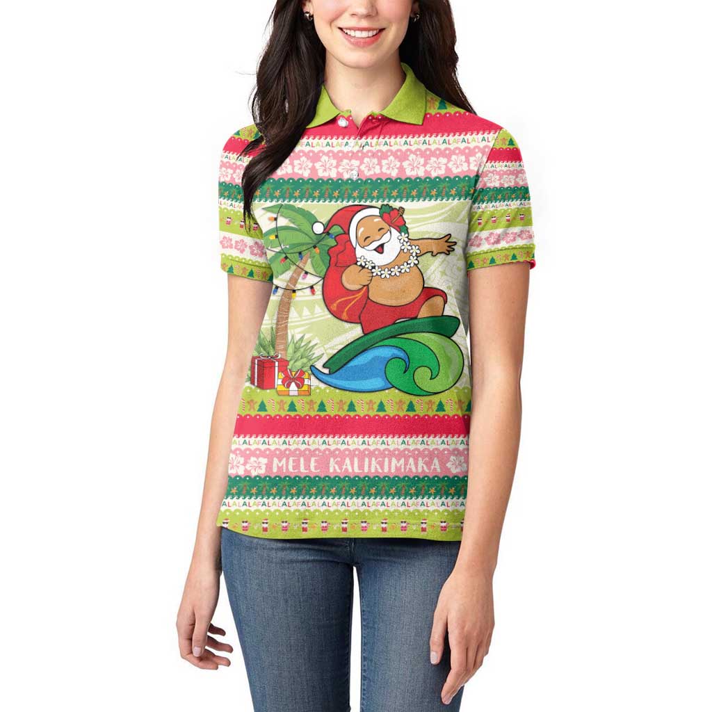 Mele Kalikimaka Hawaii Christmas Women Polo Shirt Surfing Santa with Polynesian Tribal