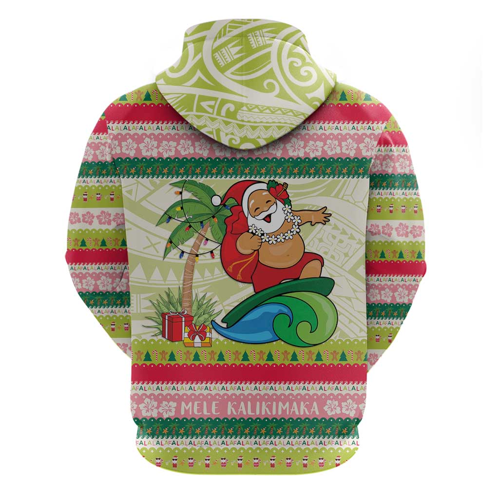 Mele Kalikimaka Hawaii Christmas Zip Hoodie Surfing Santa with Polynesian Tribal