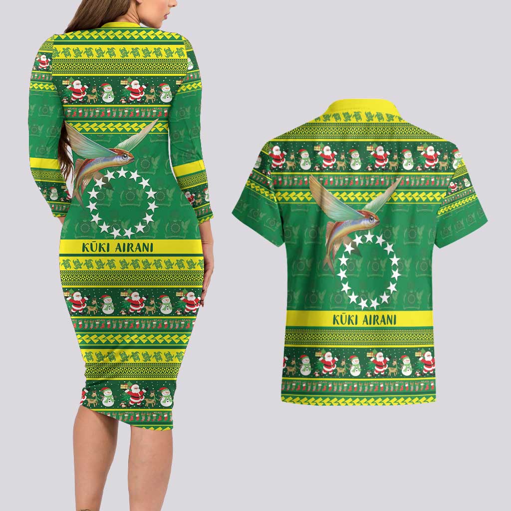 Meri Kiritimiti Cook Islands Christmas Couples Matching Long Sleeve Bodycon Dress and Hawaiian Shirt Maroro Flying Fish and White Stars