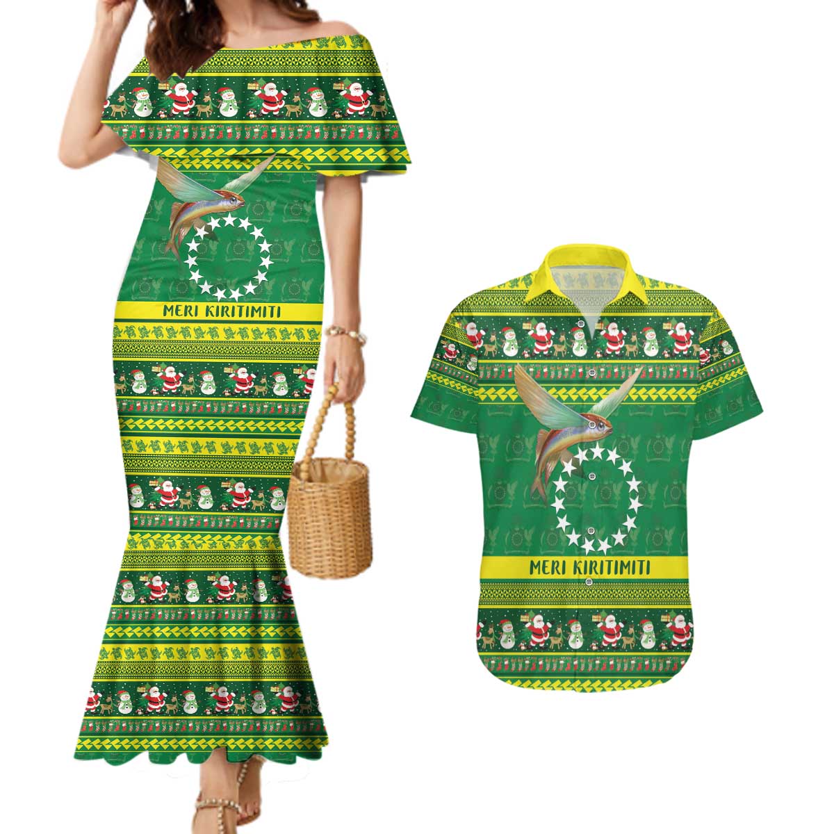 Meri Kiritimiti Cook Islands Christmas Couples Matching Mermaid Dress and Hawaiian Shirt Maroro Flying Fish and White Stars LT9 Green - Polynesian Pride