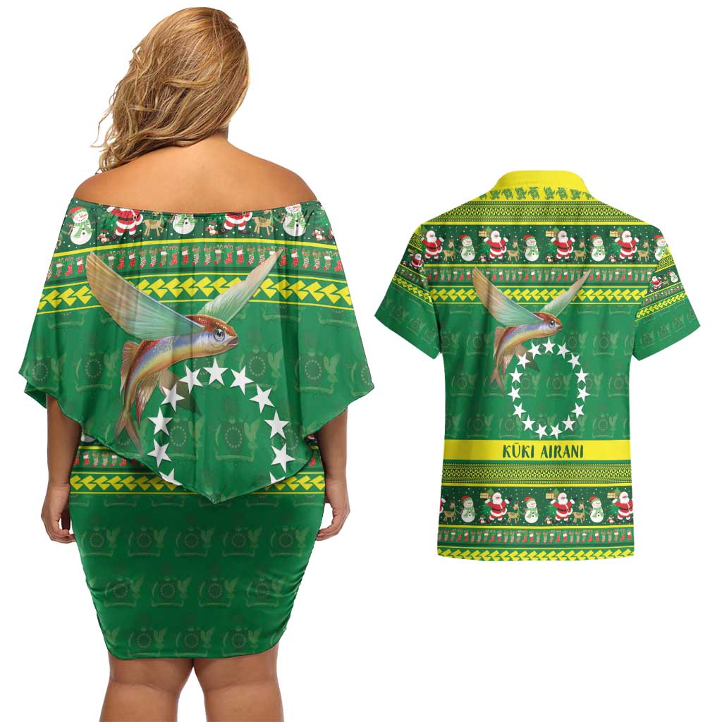 Meri Kiritimiti Cook Islands Christmas Couples Matching Off Shoulder Short Dress and Hawaiian Shirt Maroro Flying Fish and White Stars LT9 - Polynesian Pride