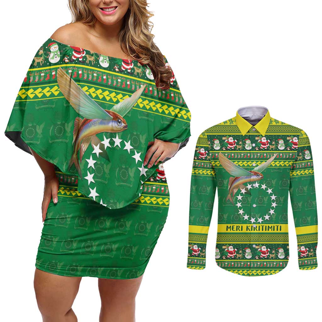 Meri Kiritimiti Cook Islands Christmas Couples Matching Off Shoulder Short Dress and Long Sleeve Button Shirt Maroro Flying Fish and White Stars