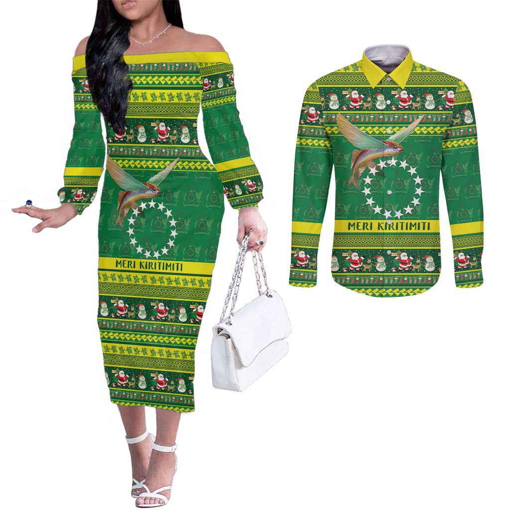 Meri Kiritimiti Cook Islands Christmas Couples Matching Off The Shoulder Long Sleeve Dress and Long Sleeve Button Shirt Maroro Flying Fish and White Stars