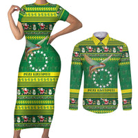 Meri Kiritimiti Cook Islands Christmas Couples Matching Short Sleeve Bodycon Dress and Long Sleeve Button Shirt Maroro Flying Fish and White Stars