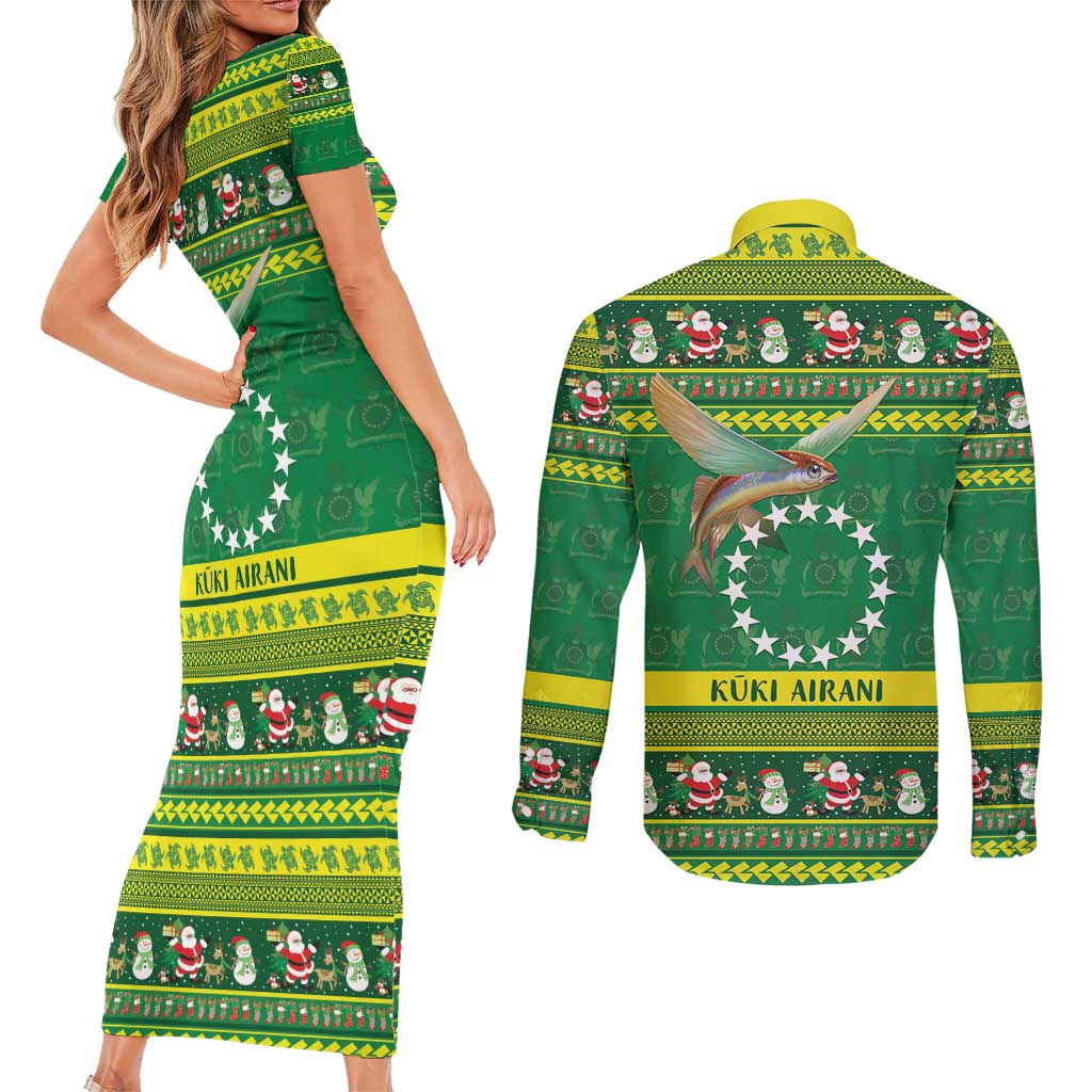Meri Kiritimiti Cook Islands Christmas Couples Matching Short Sleeve Bodycon Dress and Long Sleeve Button Shirt Maroro Flying Fish and White Stars