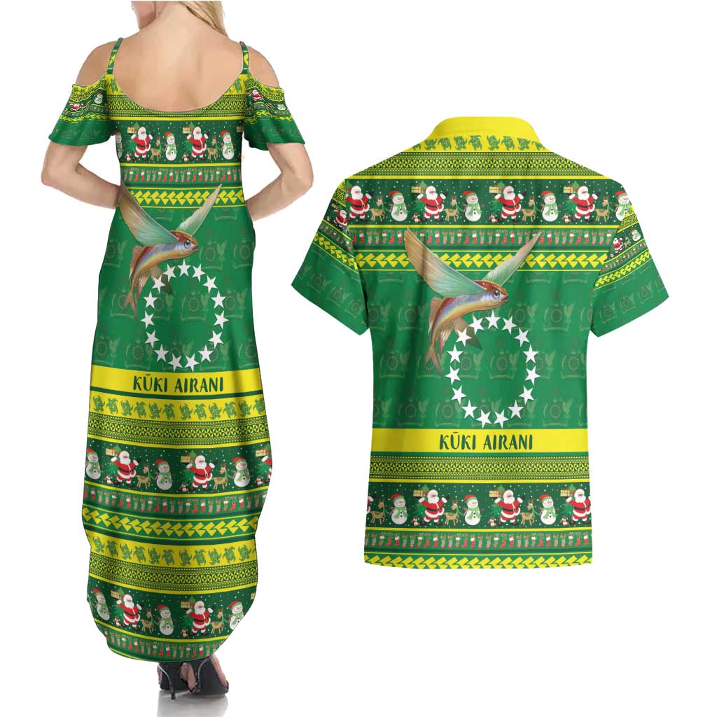 Meri Kiritimiti Cook Islands Christmas Couples Matching Summer Maxi Dress and Hawaiian Shirt Maroro Flying Fish and White Stars LT9 - Polynesian Pride