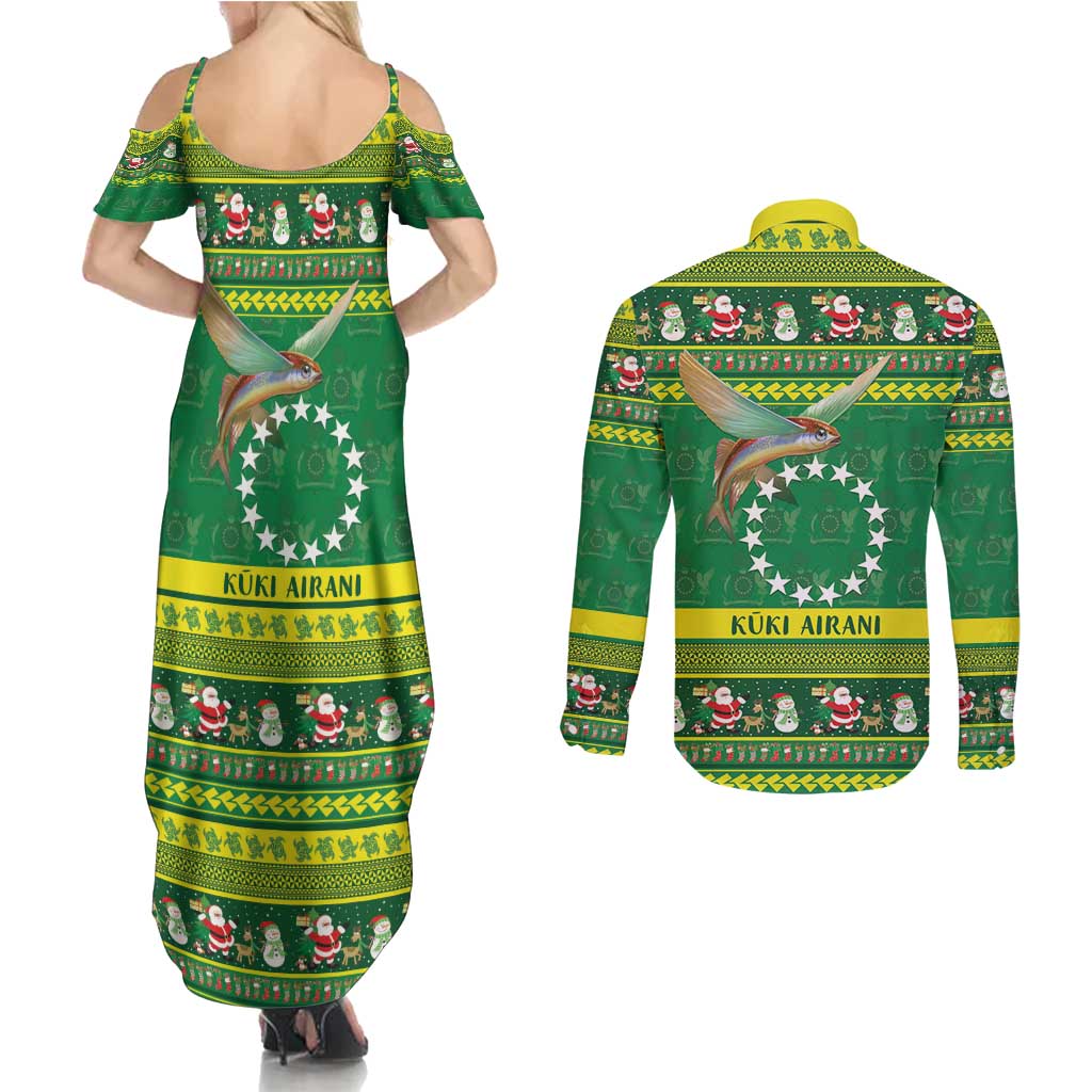 Meri Kiritimiti Cook Islands Christmas Couples Matching Summer Maxi Dress and Long Sleeve Button Shirt Maroro Flying Fish and White Stars
