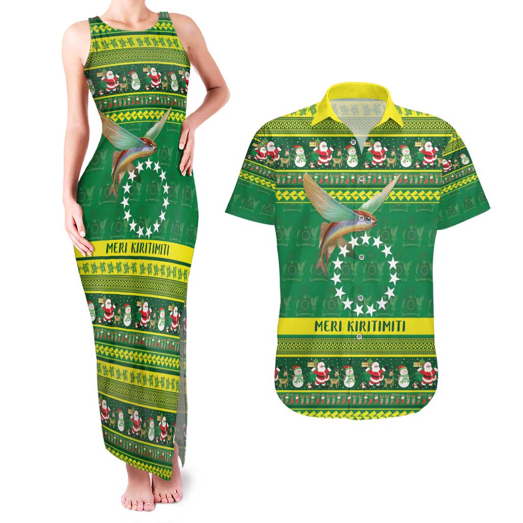 Meri Kiritimiti Cook Islands Christmas Couples Matching Tank Maxi Dress and Hawaiian Shirt Maroro Flying Fish and White Stars