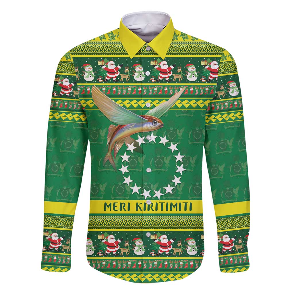 Meri Kiritimiti Cook Islands Christmas Family Matching Long Sleeve Bodycon Dress and Hawaiian Shirt Maroro Flying Fish and White Stars LT9 Dad's Shirt - Long Sleeve Green - Polynesian Pride