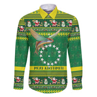 Meri Kiritimiti Cook Islands Christmas Family Matching Long Sleeve Bodycon Dress and Hawaiian Shirt Maroro Flying Fish and White Stars LT9 Dad's Shirt - Long Sleeve Green - Polynesian Pride
