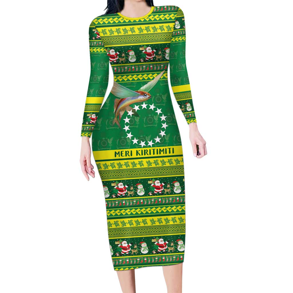 Meri Kiritimiti Cook Islands Christmas Family Matching Long Sleeve Bodycon Dress and Hawaiian Shirt Maroro Flying Fish and White Stars LT9 Mom's Dress Green - Polynesian Pride