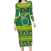 Meri Kiritimiti Cook Islands Christmas Family Matching Long Sleeve Bodycon Dress and Hawaiian Shirt Maroro Flying Fish and White Stars LT9 Mom's Dress Green - Polynesian Pride