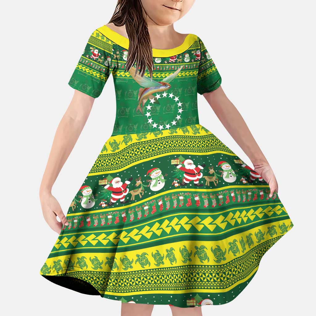 Meri Kiritimiti Cook Islands Christmas Family Matching Puletasi and Hawaiian Shirt Maroro Flying Fish and White Stars LT9 Daughter's Dress Green - Polynesian Pride