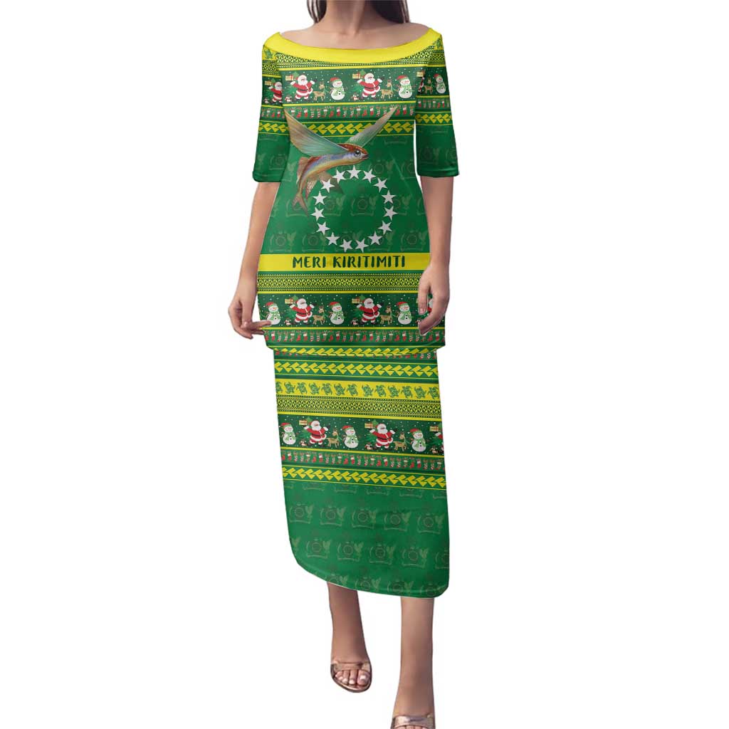 Meri Kiritimiti Cook Islands Christmas Family Matching Puletasi and Hawaiian Shirt Maroro Flying Fish and White Stars LT9 Mom's Dress Green - Polynesian Pride